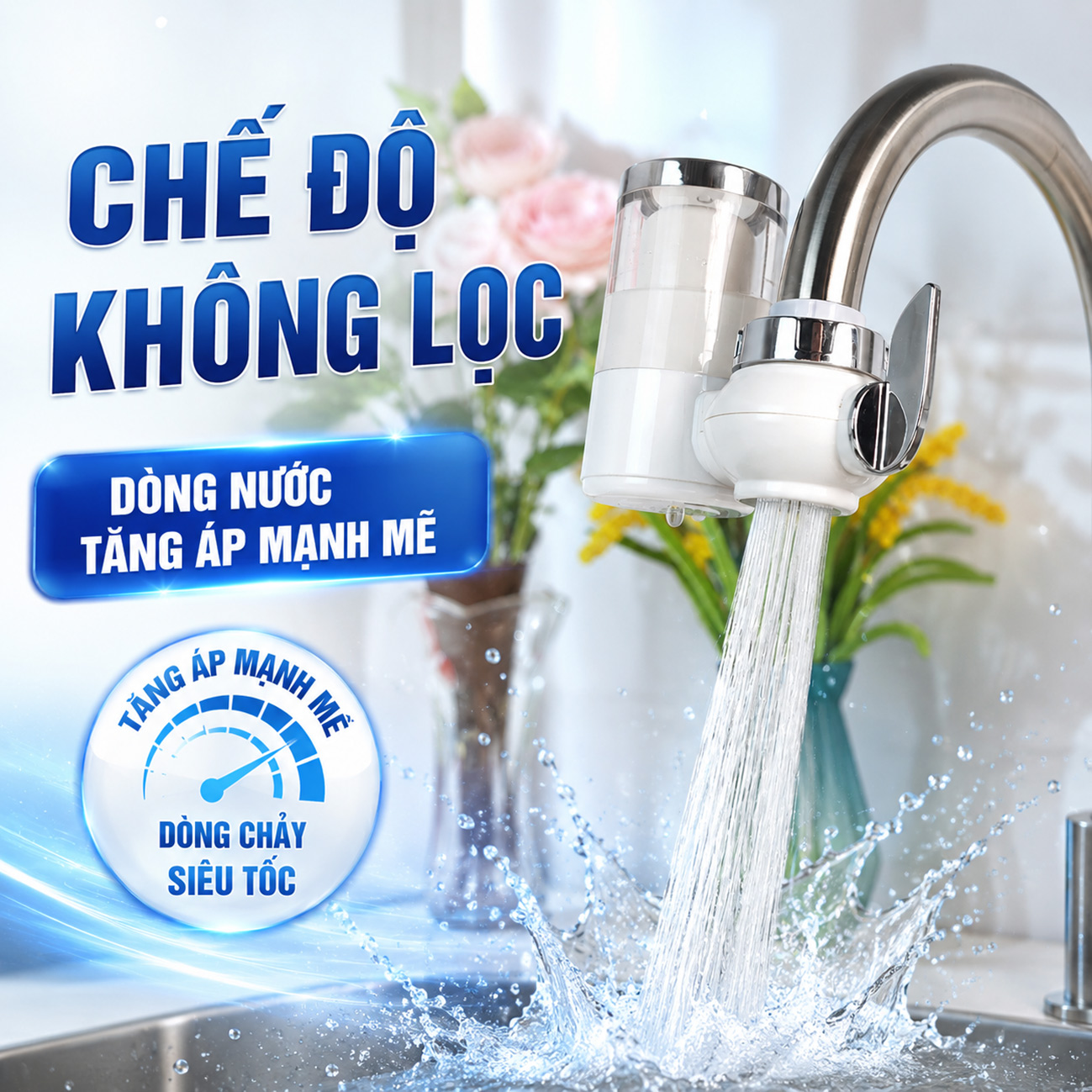 Hình ảnh chế độ nước thô của máy lọc nước đầu vòi Eurolife EL-LS-D20, cho dòng nước không đi qua lõi lọc và phù hợp các thao tác rửa thông thường.