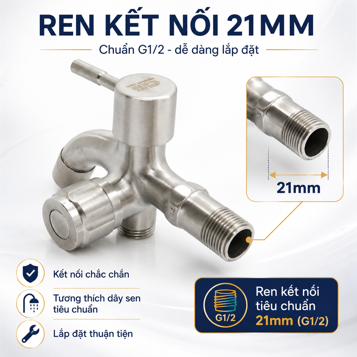 Hình ảnh ren kết nối 21mm chuẩn G1/2 của Eurolife EL-SL108 giúp làm rõ đặc điểm kỹ thuật và khả năng tương thích với hệ thống dây sen phổ biến. Đây là tư liệu quan trọng cho web giới thiệu để nhấn mạnh tính chuẩn hóa trong thiết kế và lắp đặt.