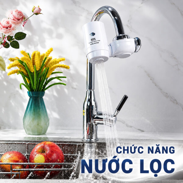 Hình ảnh mô tả chức năng nước lọc của Eurolife EL-LS-D10, nước đi qua lõi lọc sứ khoáng 7 cấp trước khi sử dụng cho nhu cầu sinh hoạt tại bếp.