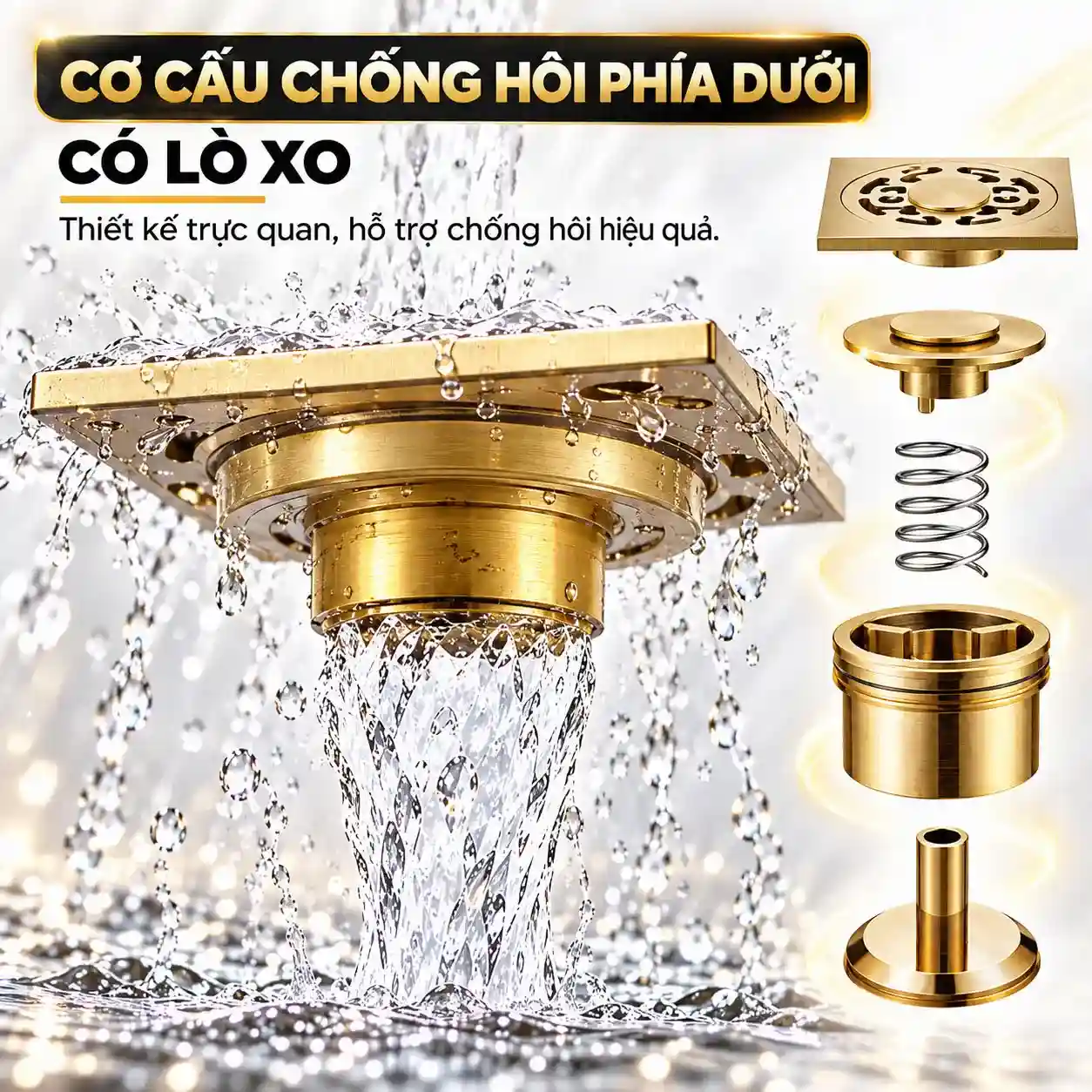 Cụm chống hôi có lò xo phía dưới phễu thu sàn Đồng vàng Eurolife EL-HG09