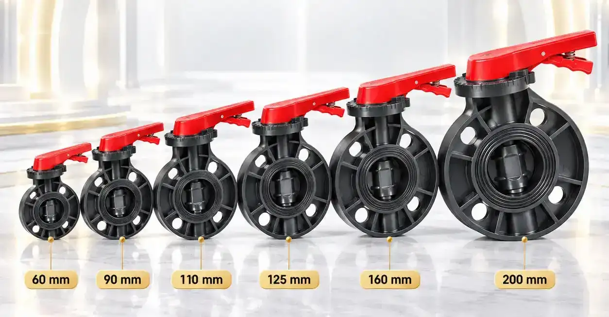 Dải kích thước van bướm Eurolife EL-VB gồm 60, 90, 110, 125, 160 và 200 mm