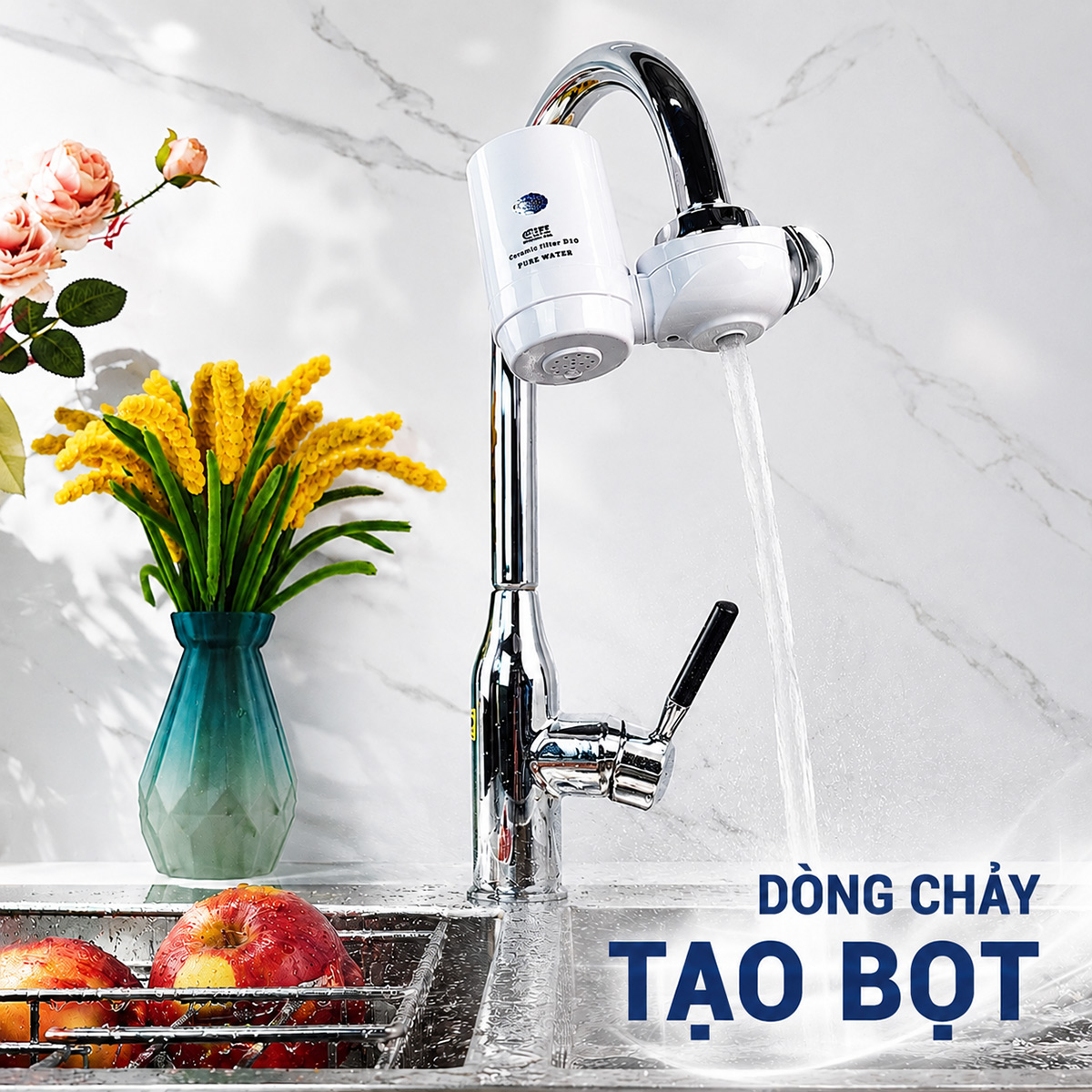 Hình ảnh mô tả dòng chảy tạo bọt trên Eurolife EL-LS-D10, giúp dòng nước êm hơn và hạn chế văng bắn khi sử dụng tại bồn rửa.