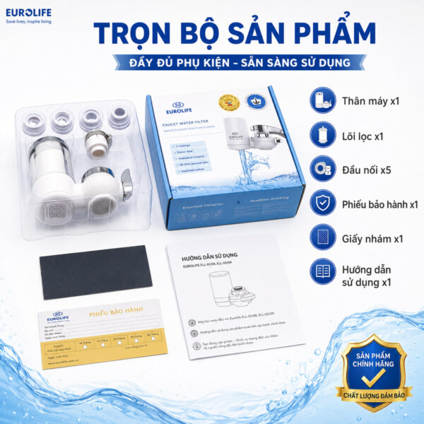 Hình ảnh đóng gói sản phẩm máy lọc nước đầu vòi Eurolife EL-LS-D20 với thân máy, lõi lọc, đầu nối chuyển đổi, phiếu bảo hành và hướng dẫn sử dụng.