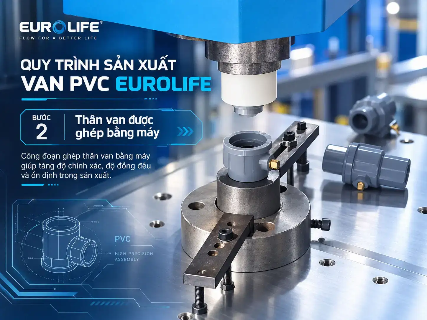 Ghép thân van bi uPVC Eurolife bằng máy trong công đoạn lắp ráp