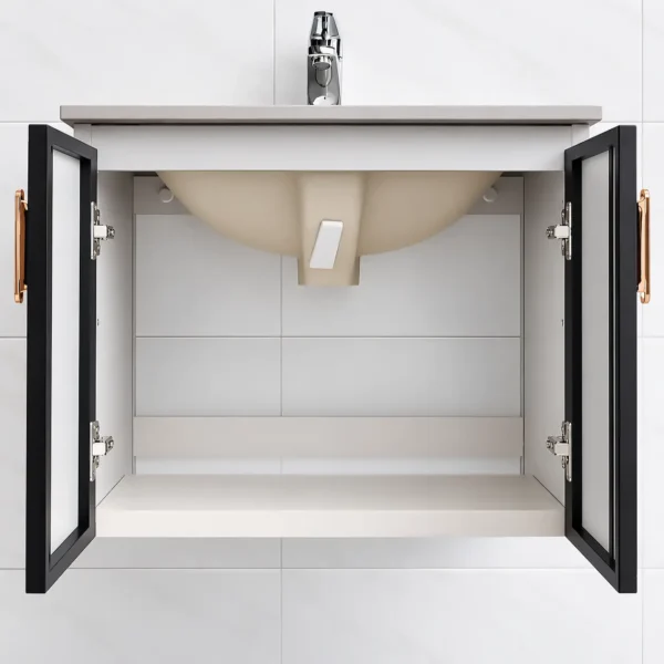 Tủ lavabo nhôm Eurolife BLV-AL15 mở hai cánh, thể hiện khoang bên trong, phần dưới chậu sứ và hệ bản lề cánh.