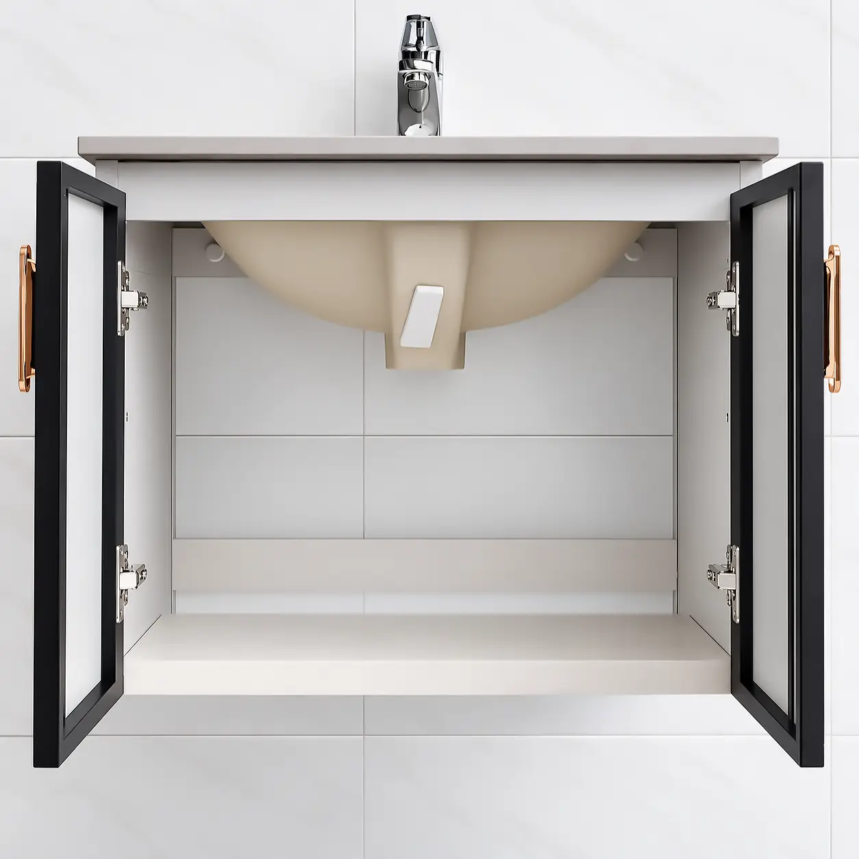 Tủ lavabo nhôm Eurolife BLV-AL15 mở hai cánh, thể hiện khoang bên trong, phần dưới chậu sứ và hệ bản lề cánh.
