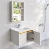 Hệ hai cánh mở của tủ lavabo Eurolife BLV-IN04 trong không gian phòng tắm, thể hiện khoang chứa bên trong và bản lề Inox 304 giảm chấn.