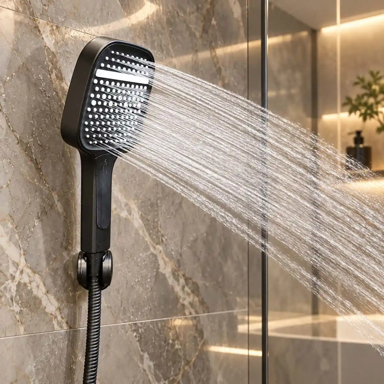 Tay sen Eurolife EL-128SH-D lắp trong phòng tắm và đang phun nước, minh họa khả năng hỗ trợ tăng áp