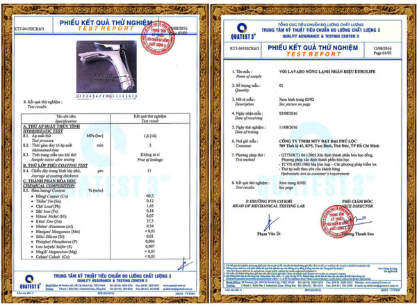 Phiếu kết quả thử nghiệm QUATEST 3 thể hiện thông tin kiểm nghiệm vật liệu Đồng của sản phẩm Eurolife, dùng làm tài liệu tham khảo về chất liệu Đồng trong các dòng sen vòi và vòi rửa chén Eurolife.