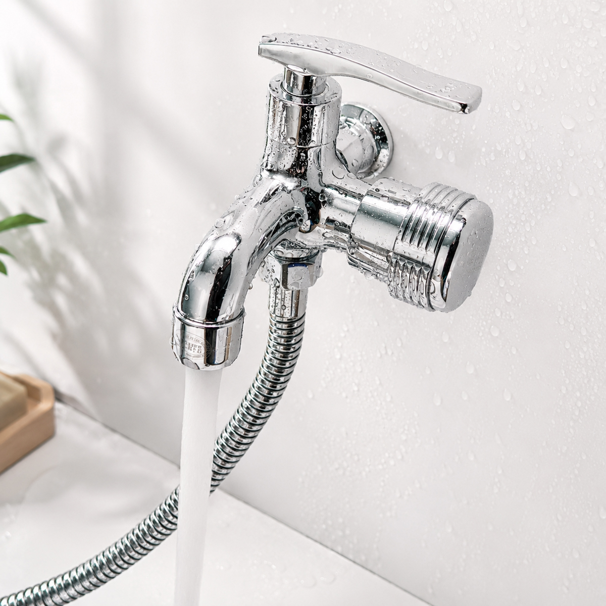 Hình ảnh Eurolife EL-SL112 sau khi lắp đặt thể hiện cấu trúc gắn tường, hai đường nước và sự đồng bộ giữa bề mặt Chrome với dây sen kim loại.