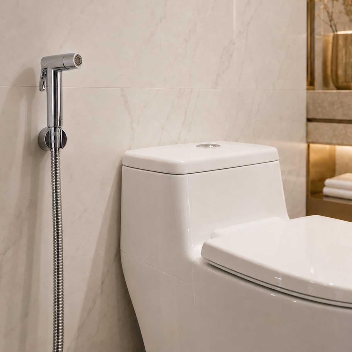 Vòi xịt vệ sinh Eurolife EL-X12-T mạ Chrome được lắp đặt gọn gàng trên tường cạnh bồn cầu. 