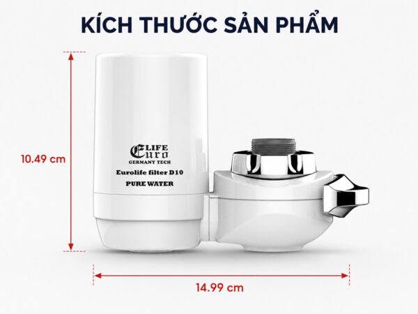Hình ảnh kích thước máy lọc nước đầu vòi Eurolife EL-LS-D10, chiều dài khoảng 14.99 cm và chiều cao khoảng 10.49 cm.