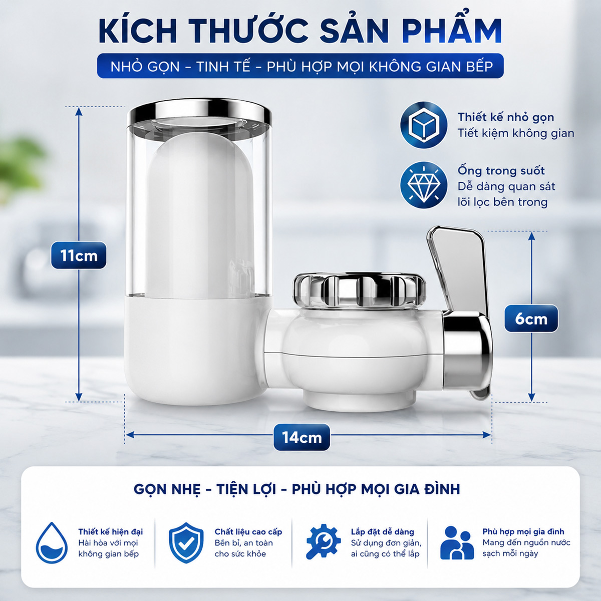 Hình ảnh kích thước máy lọc nước đầu vòi Eurolife EL-LS-D20 với thiết kế nhỏ gọn, thân máy màu trắng và cốc lọc trong suốt.