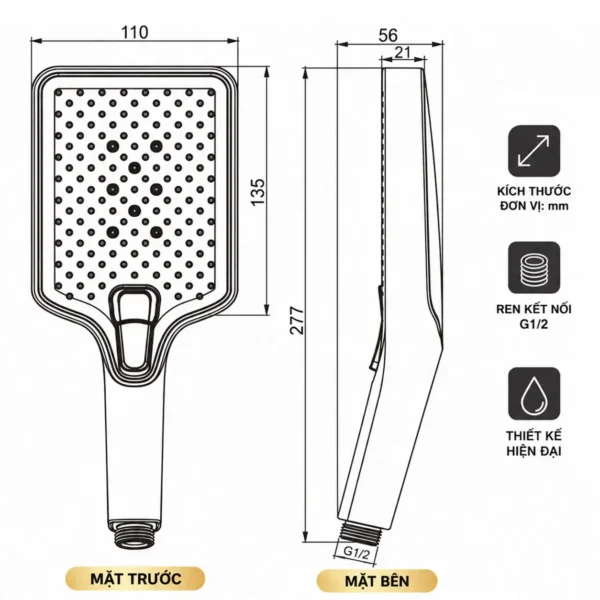 Kích thước tay sen Eurolife EL-126SH-D mặt sen 110 x 135mm dài 277mm