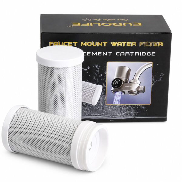 Hình ảnh lõi Carbon thay thế Eurolife EL-CF1315 kèm hộp sản phẩm, dùng cho máy lọc nước tại vòi Eurolife, phù hợp giới thiệu nhận diện sản phẩm và quy cách đóng gói.