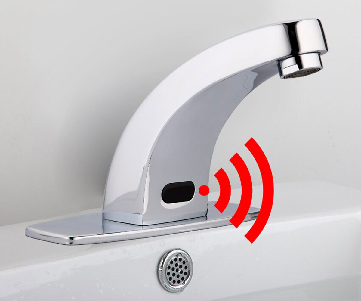 Minh họa công nghệ mắt cảm ứng của vòi lavabo Eurolife EL-A100, hỗ trợ tự động mở nước khi đưa tay vào vùng nhận diện.