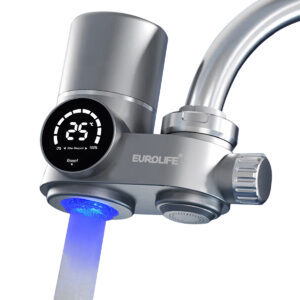 Máy lọc nước gắn vòi Eurolife EL-LS-A13 màu xám, lắp trực tiếp tại đầu vòi, có LED, UV, lõi lọc 8 cấp và bảo hành 1 năm.