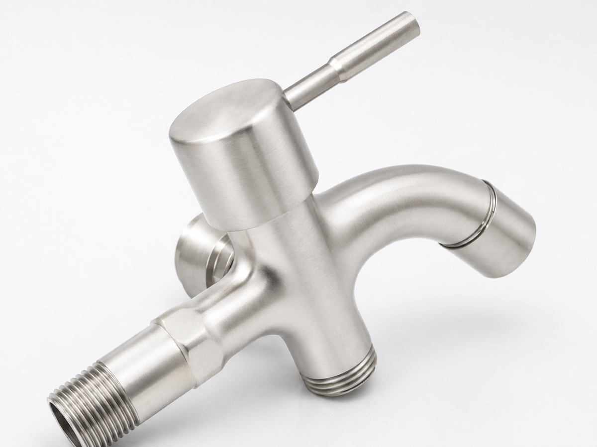 Hình ảnh góc nghiêng của Eurolife EL-SL108 thể hiện rõ đường cong đầu xả, thân Inox SUS 304 và sự liền mạch trong tạo hình sản phẩm. Nội dung phù hợp cho web giới thiệu khi cần nhấn mạnh yếu tố thiết kế tinh gọn, hiện đại và bền bỉ.