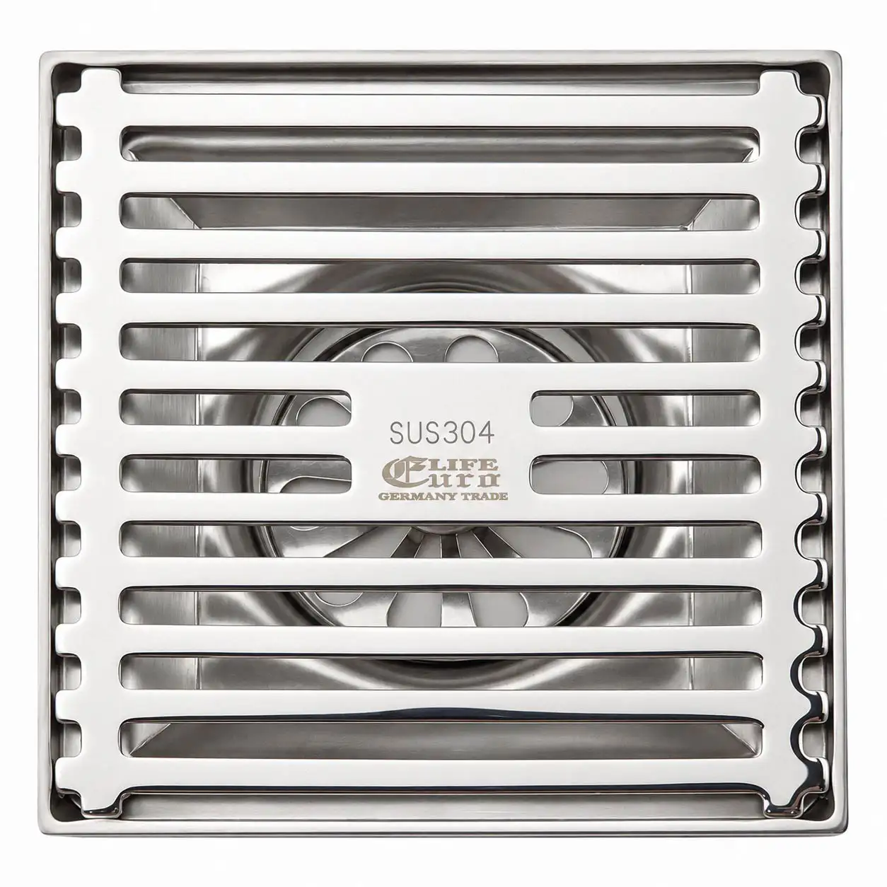 Phễu thu sàn inox 304 100x100mm Eurolife EL-HG04 dạng vuông với nắp nan song song