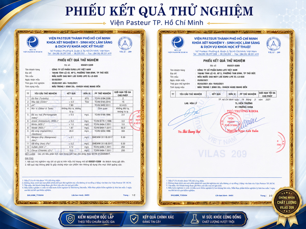 Hình ảnh phiếu kết quả thử nghiệm tại Viện Pasteur TP. Hồ Chí Minh cho mẫu nước sau máy lọc Eurolife EL-LS-D20 theo hồ sơ sản phẩm.