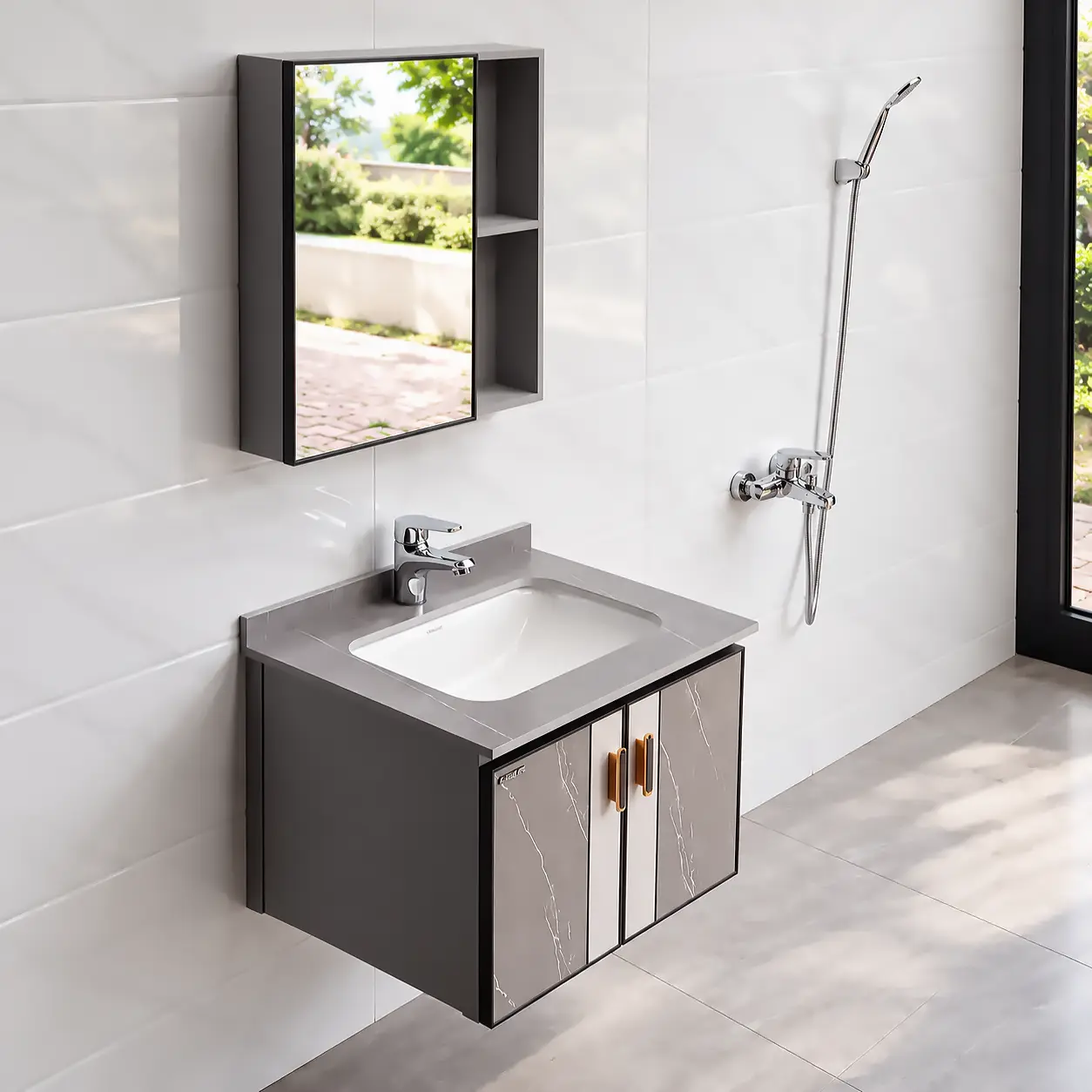 Bộ tủ lavabo Eurolife BLV-AL15 lắp treo tường trong phòng tắm, gồm tủ dưới nhôm, chậu âm mặt đá và tủ gương phía trên.