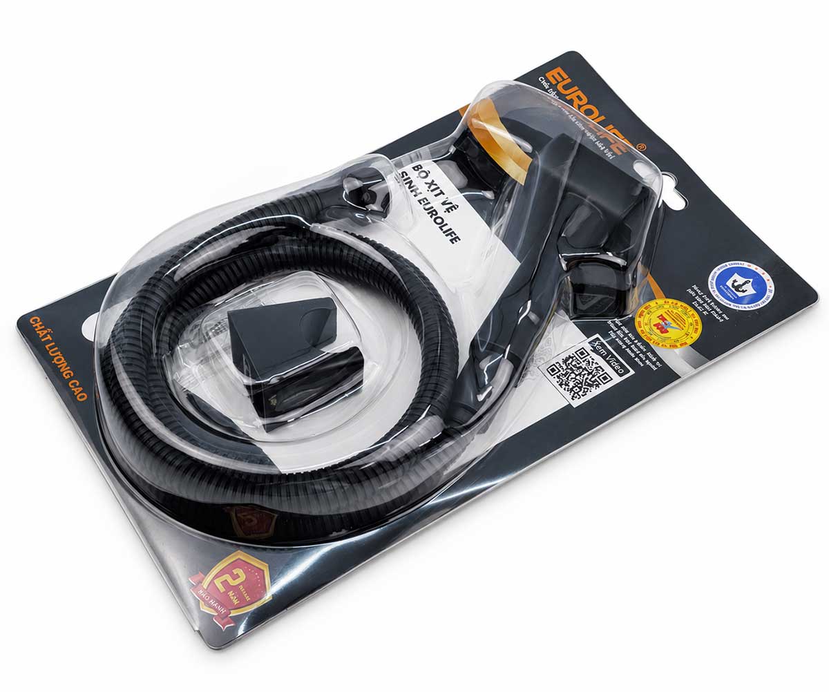 Quy cách đóng gói bộ vòi xịt vệ sinh Eurolife EL-X11-D gồm tay xịt, dây xịt và bát gác 