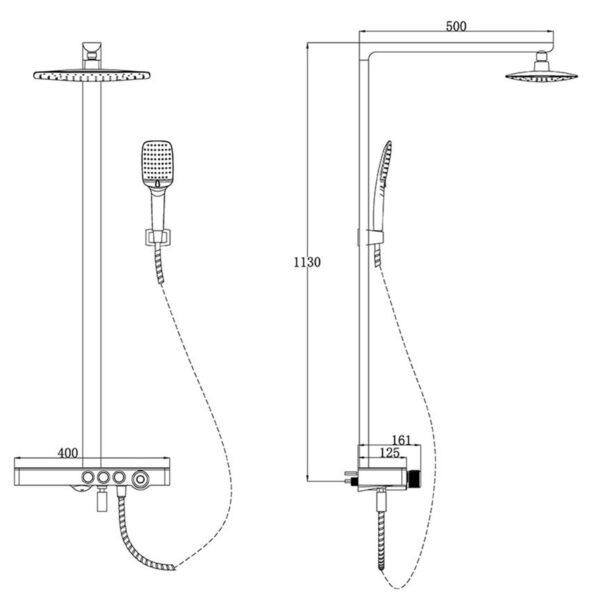 Bản vẽ kích thước sen cây Eurolife EL-SC907 thể hiện chiều cao 1130mm, tay sen ngang 500mm, thân củ sen rộng 400mm và các thông số lắp đặt 161mm, 125mm.