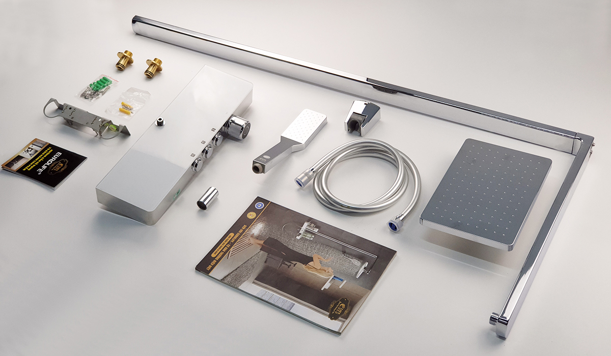 Bộ sen cây Eurolife EL-SC907 đầy đủ phụ kiện gồm củ sen mặt kiếng cường lực, ống dẫn, đài sen vuông, tay sen cầm tay, dây sen, chân kết nối, pát lắp đặt, ốc vít và tài liệu hướng dẫn.