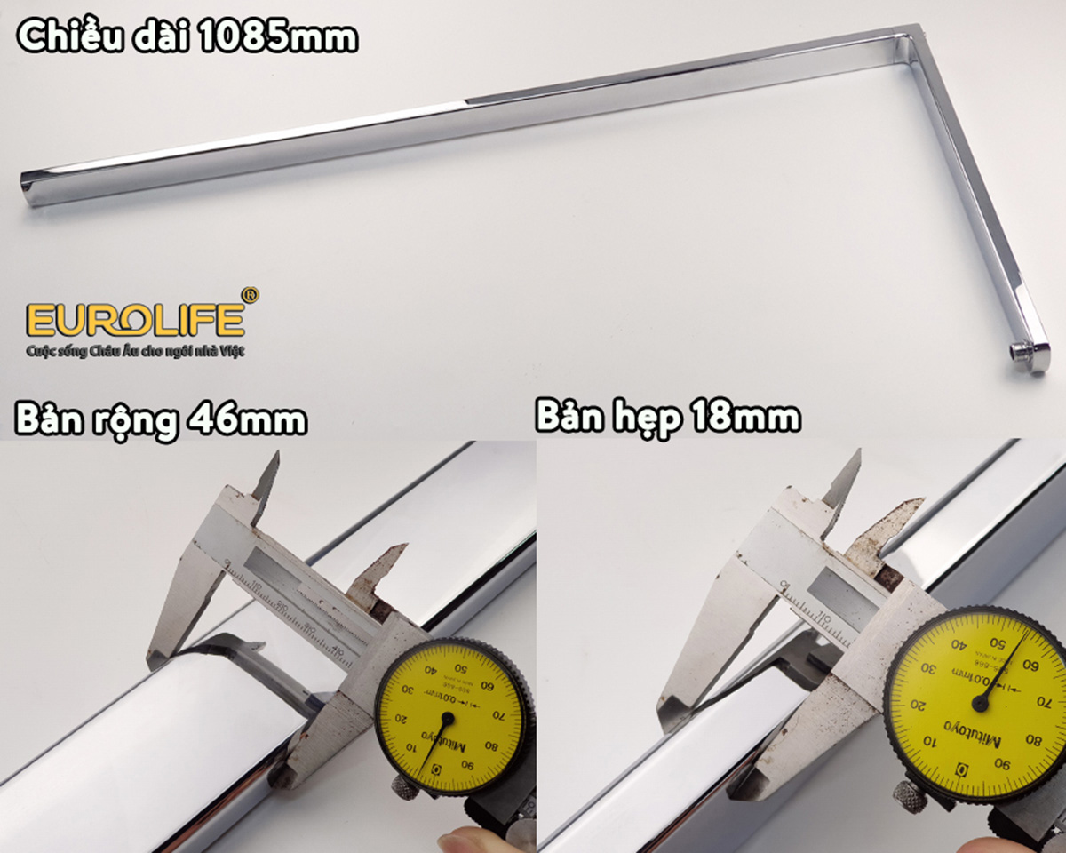 Ống dẫn của sen cây Eurolife EL-SC907 có chiều dài 1085mm, bản rộng 46mm và bản hẹp 18mm, thiết kế vuông hiện đại với bề mặt mạ Chrome sáng bóng.