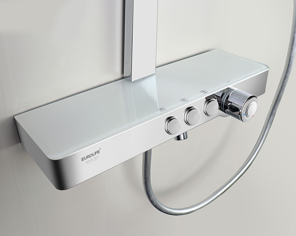 Mặt kiếng cường lực của sen cây Eurolife EL-SC907 có bề mặt phẳng sáng, dễ lau chùi, kết hợp thân củ sen dạng kệ, 3 nút nhấn chuyển chế độ và núm xoay nóng lạnh tiện dụng.
