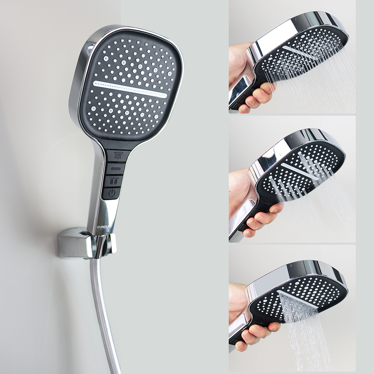 Tay sen cầm tay của sen cây Eurolife EL-SC907 có 3 chế độ phun nước, thiết kế mặt phun lớn, nút chuyển chế độ trên tay cầm và dây sen linh hoạt khi sử dụng.