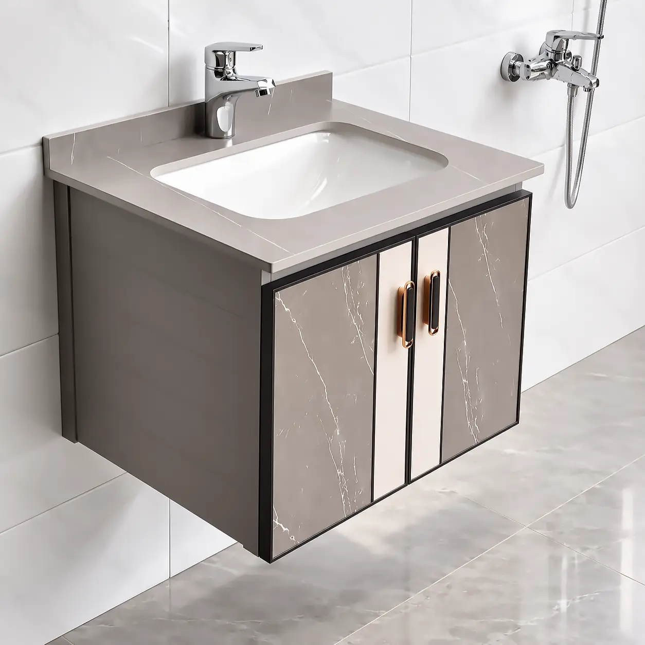 Thân tủ dưới bằng nhôm Aluminium Eurolife BLV-AL15 nhìn từ góc nghiêng, thể hiện thành tủ, hai cánh phủ giả vân đá và kết cấu treo tường.
