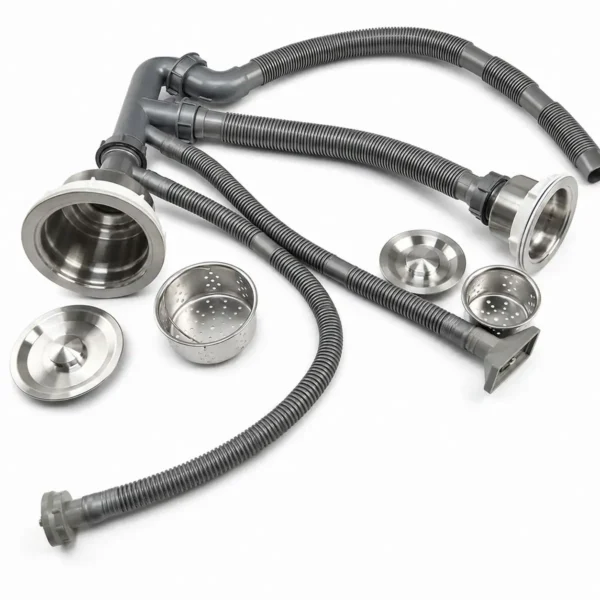 Các thành phần bộ xả chậu Eurolife EL-C9245 gồm rốn xả, giỏ lọc và ống kết nối