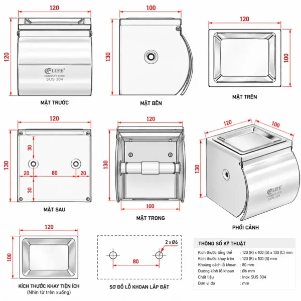 Thông số kỹ thuật hộp đựng giấy vệ sinh Eurolife EL-P06-4