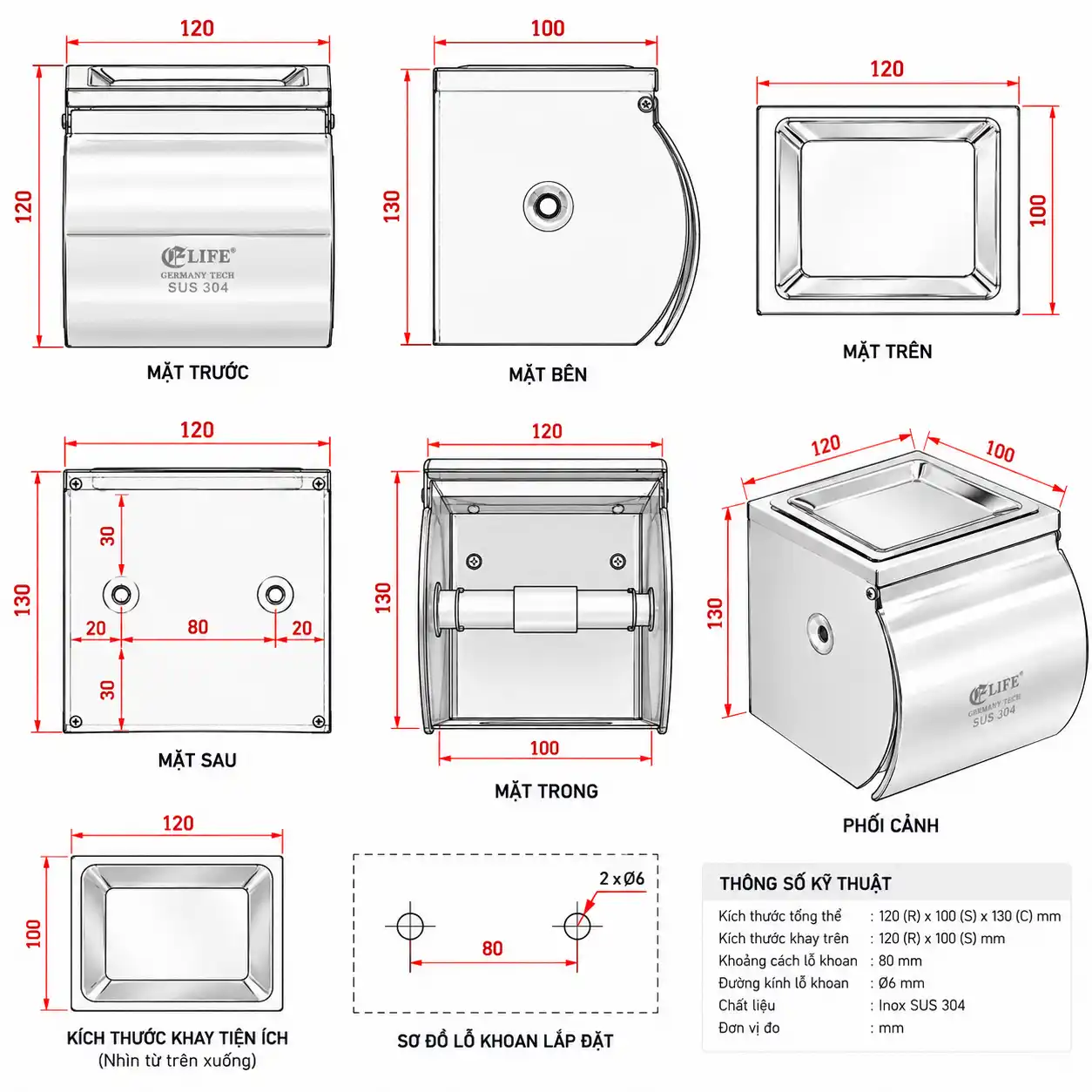 Thông số kỹ thuật hộp đựng giấy vệ sinh Eurolife EL-P06-4