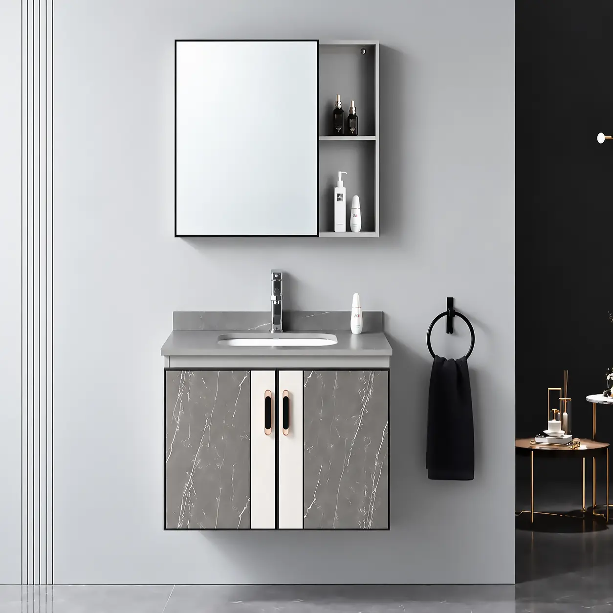 Tổng quan cấu hình bộ tủ lavabo Eurolife BLV-AL15 với tủ dưới hai cánh vân đá, mặt bàn đá, chậu sứ âm và tủ gương có kệ bên phải.