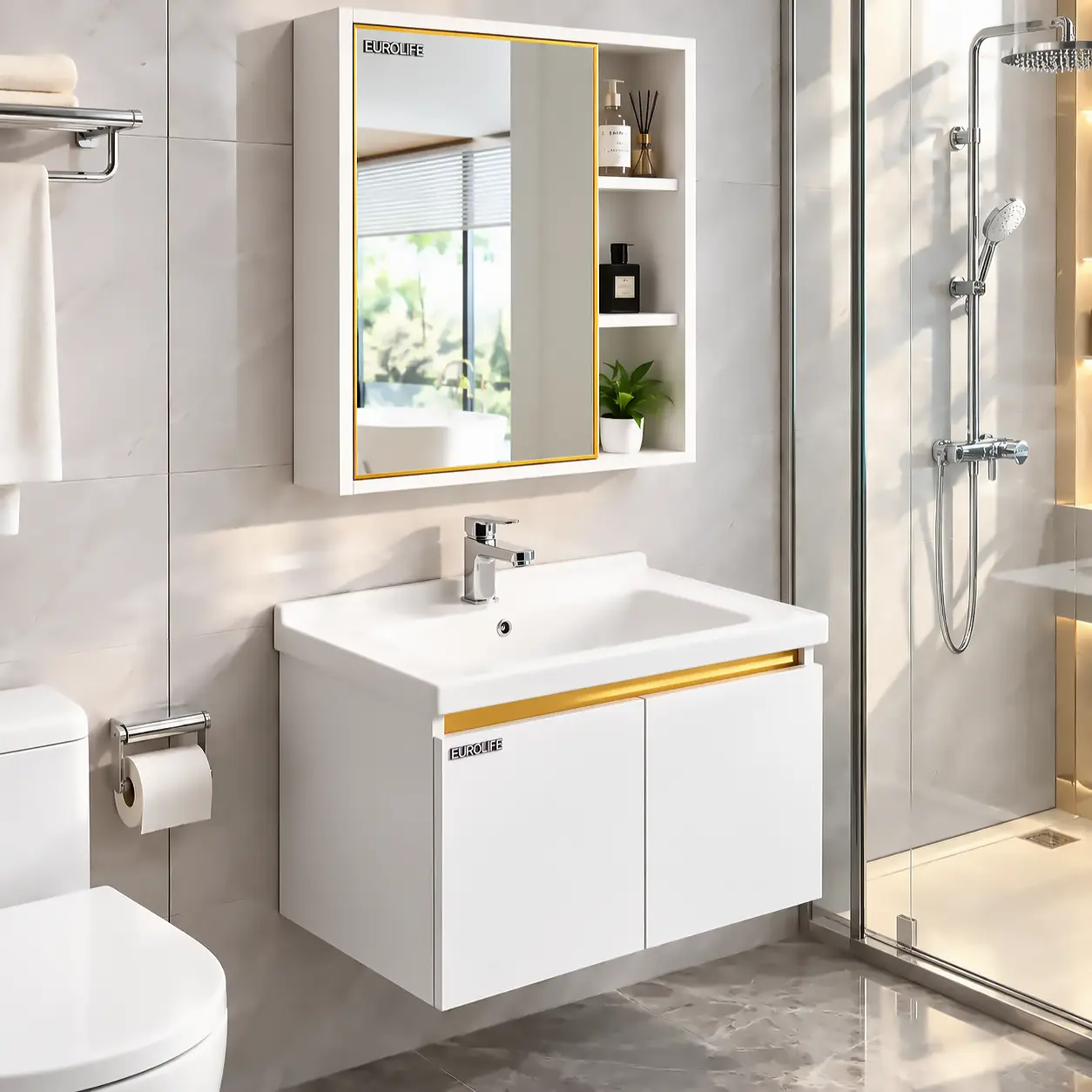 Tổng quan bộ tủ lavabo Eurolife BLV-IN04 màu trắng phối Gold, gồm tủ dưới hai cánh, chậu sứ liền mặt và tủ gương có kệ mở trong phòng tắm.