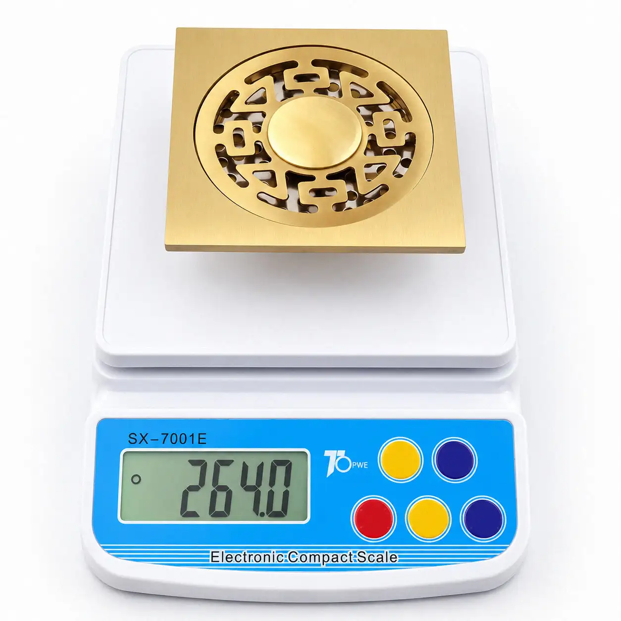 Phễu thu sàn Eurolife EL-HG09 trên cân điện tử hiển thị trọng lượng 264 g