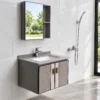 Ứng dụng bộ tủ lavabo Eurolife BLV-AL15 trong phòng tắm hiện đại với tủ dưới nhôm treo tường, mặt đá, chậu sứ và tủ gương có kệ mở.