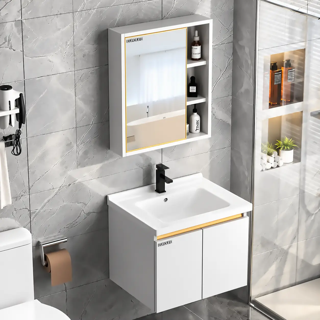 Phối cảnh bộ tủ lavabo Eurolife BLV-IN04 màu trắng Gold bố trí trong phòng tắm căn hộ, gồm chậu sứ liền mặt và tủ gương kệ mở bên phải.
