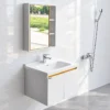 Phối cảnh ứng dụng bộ tủ lavabo Eurolife BLV-IN04 treo tường màu trắng Gold trong phòng tắm có khu vực tắm kính và thiết bị vệ sinh.