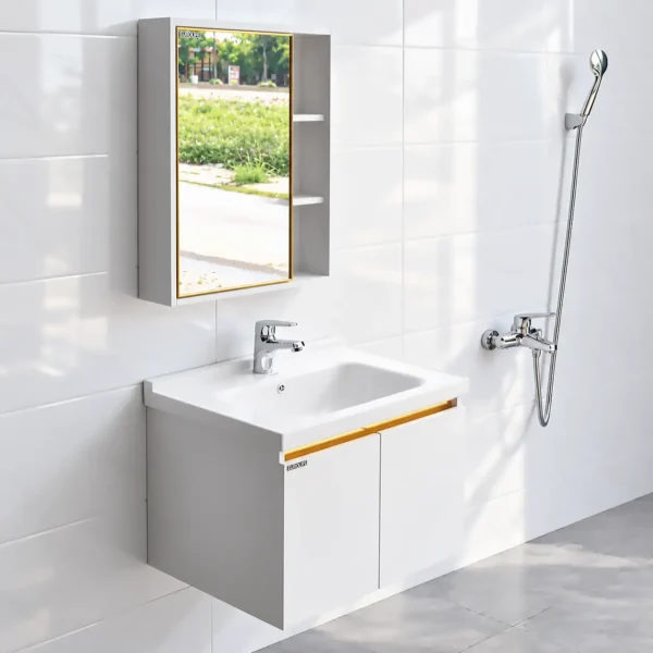 Phối cảnh ứng dụng bộ tủ lavabo Eurolife BLV-IN04 treo tường màu trắng Gold trong phòng tắm có khu vực tắm kính và thiết bị vệ sinh.