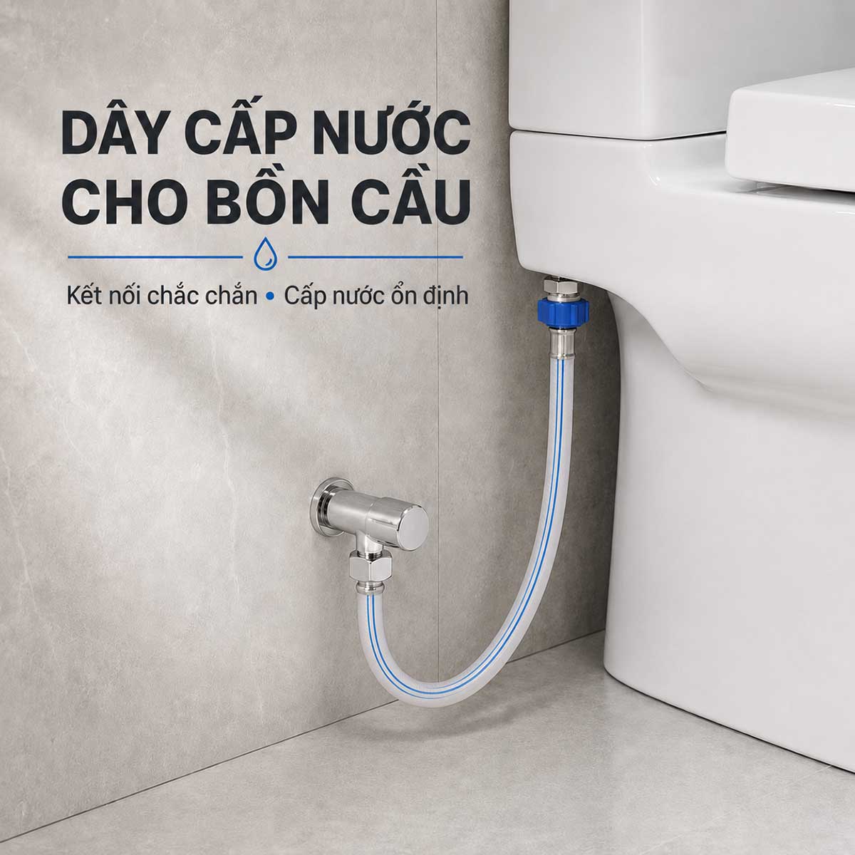 Eurolife EL-DN50 và EL-DN60 kết nối van khóa với két nước bồn cầu bằng thân dây mềm dẻo và hai đầu nối kim loại chắc chắn.