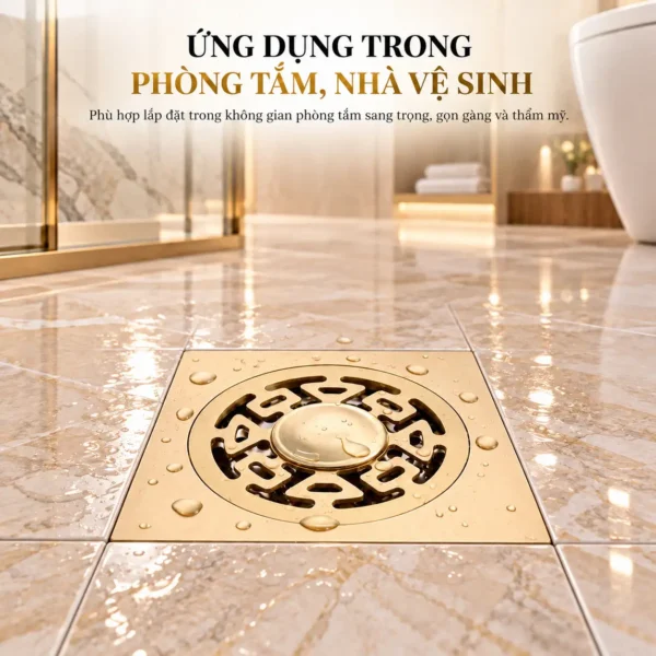 Phễu thu sàn Đồng vàng Eurolife EL-HG09 lắp trên sàn phòng tắm trong công trình dân dụng