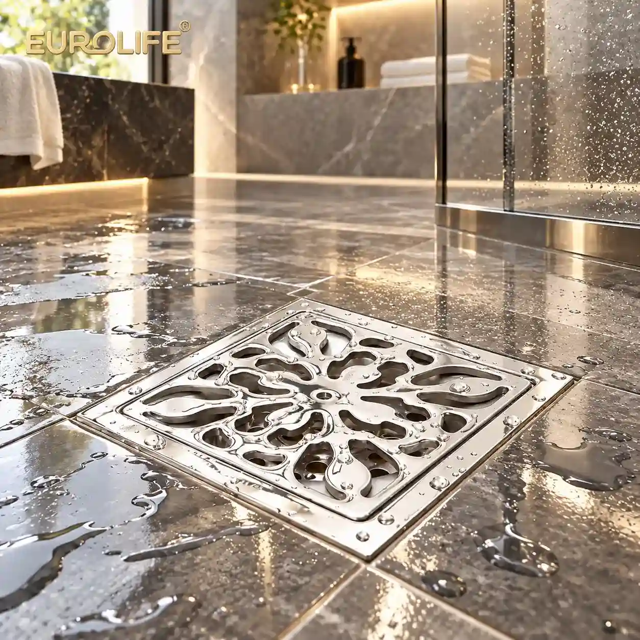 Phễu thu sàn hoa văn 100x100 Eurolife EL-HG06 lắp đặt trên sàn phòng tắm công trình