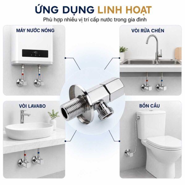 Van góc Eurolife EL-VG01 ứng dụng tại nhiều vị trí cấp nước như máy nước nóng, vòi rửa chén, vòi lavabo và bồn cầu.