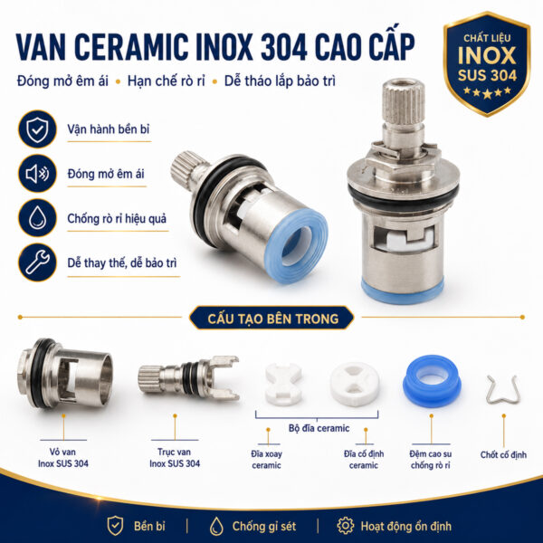 Hình ảnh mô tả van Ceramic sử dụng trong củ sen lạnh Eurolife EL-SL108 với các chi tiết như vỏ van, trục van, bộ đĩa ceramic và gioăng chống rò rỉ. Nội dung phù hợp cho web giới thiệu vì nhấn mạnh cấu tạo bên trong, độ ổn định vận hành và định hướng chất lượng của sản phẩm.