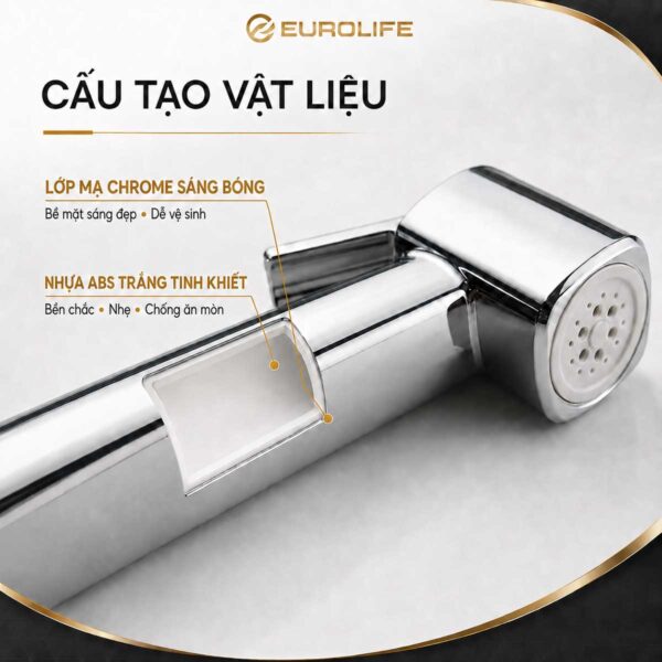 Cấu tạo tay xịt Eurolife EL-X11-T gồm thân nhựa ABS trọng lượng nhẹ và bề mặt Chrome sáng, phù hợp môi trường phòng tắm.