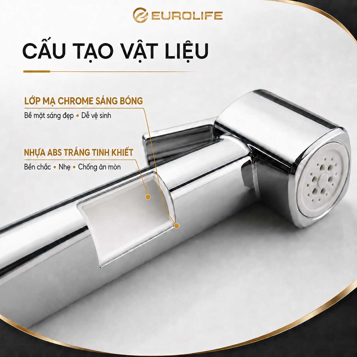 Cấu tạo tay xịt Eurolife EL-X11-T gồm thân nhựa ABS trọng lượng nhẹ và bề mặt Chrome sáng, phù hợp môi trường phòng tắm.