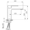 Bản vẽ kích thước vòi lavabo nóng lạnh Eurolife EL-HAVENT 02 với chiều dài 169mm, chiều cao 148mm, chiều cao đầu nước 106mm và khoảng vươn vòi 125mm.